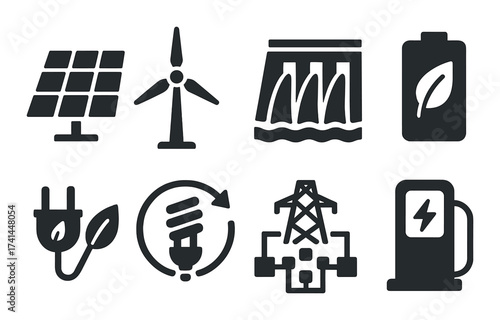 Renewable energy icons: solar, wind, hydro, battery, sustainable power symbols