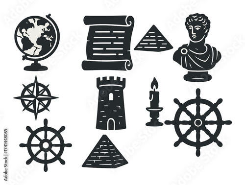 Historical symbols collection with globe, scroll, pyramid, and bust