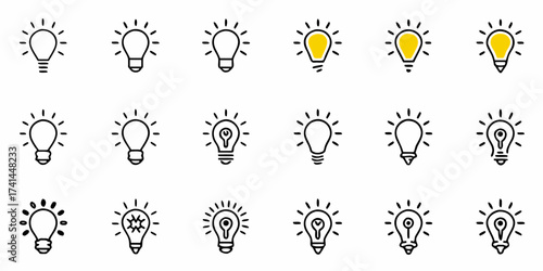 Spark brilliant ideas with diverse illuminated light bulb icons representing innovation, creativity, and new concepts ready for your next project.