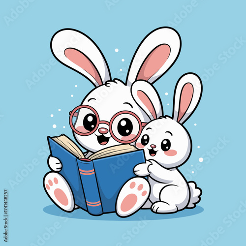 A cute bunny wearing glasses reads a book to her adorable baby bunny, portraying a tender moment of love, learning, and bonding in a playful and charming style.