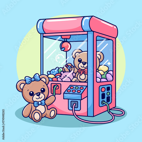 An adorable claw machine illustration features plush toys, including bears and bunnies, creating a nostalgic and playful atmosphere for children and arcade lovers.