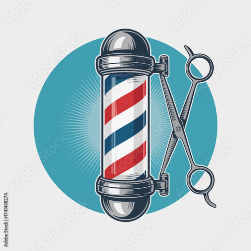 This classic barber shop illustration features a vintage pole and scissors, embodying nostalgia and classic masculine style in a timeless, artistic manner.