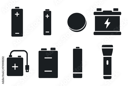 Dark gray battery icons: various types and shapes on striped background