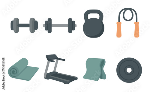 Gym essentials: dumbbells, kettlebell, jump rope, yoga mat, treadmill, resistance band
