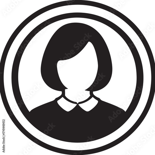 Black and white silhouette icon of a woman's head and shoulders within concentric circles female person