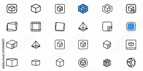 Modern 3D cube icons and geometric shapes collection for digital design, technology, and abstract concepts