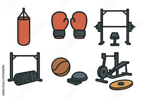 Boxing and gym equipment icons featuring gloves, punching bag, bench press, tyre, basketball, and stationary bike