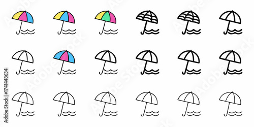 Charming beach umbrellas dot the ocean waves, offering vibrant and simple seaside charm for your designs
