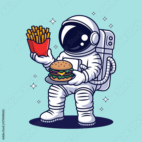 This whimsical illustration shows an astronaut holding a burger and fries, blending space exploration with the joy of enjoying fast food in a fun and imaginative way.
