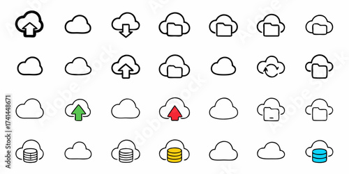 Modern cloud icons showcasing upload download file storage and data transfer for digital services and IT solutions