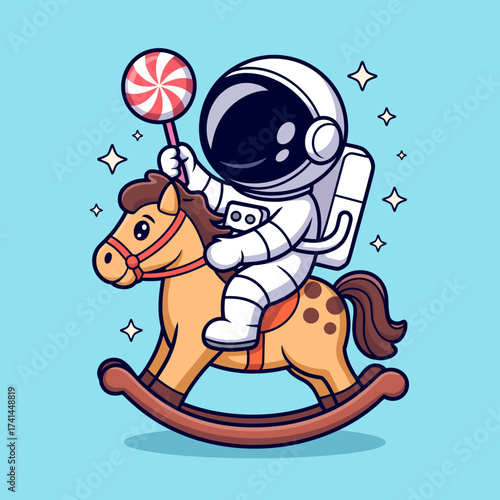 An imaginative scene featuring an astronaut joyfully riding a rocking horse while holding a lollipop, blending elements of space adventure with childhood innocence and playfulness.