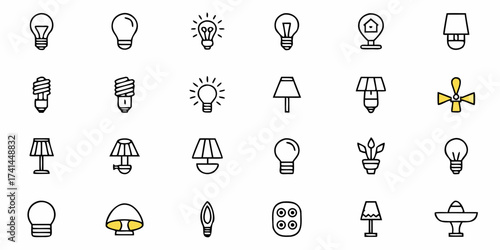 Bright ideas and illuminating concepts collection showcasing various light bulb and lamp icons for modern design projects