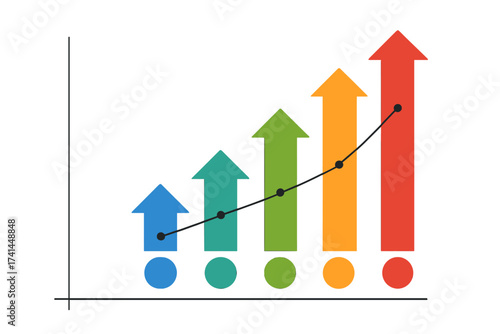 Growth chart with 5 rising arrows. Business data visualization for presentation. Abstract vector infographic showing progress, strategy, success and achievement. Financial analysis.