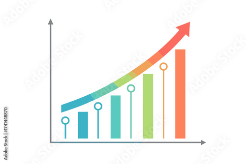 Business growth chart with rising arrow. Financial success and progress diagram. Vector data visualization infographic for presentation. 5 steps strategy and market analysis.