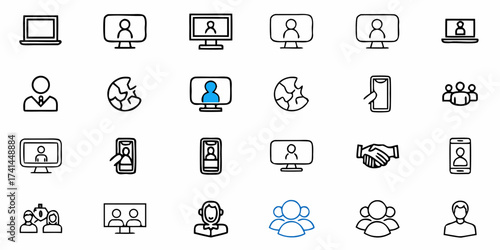 Diverse business and communication icons representing teamwork, meetings, and global connections for modern professional use