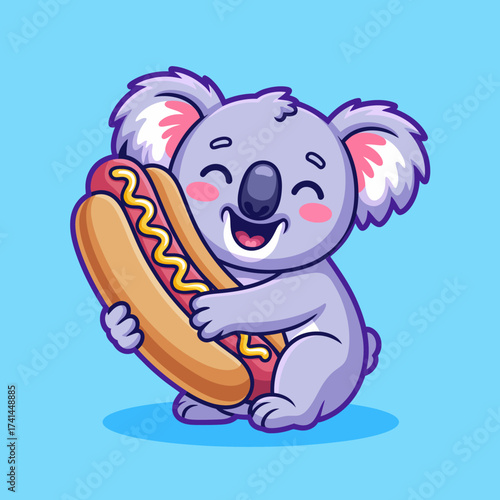 This charming illustration features a cute koala happily holding a hot dog, showcasing a playful and whimsical vibe for children's illustrations or food-related themes.