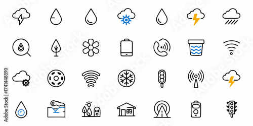 Diverse modern icons symbolizing weather, technology, nature, and communication for your digital projects