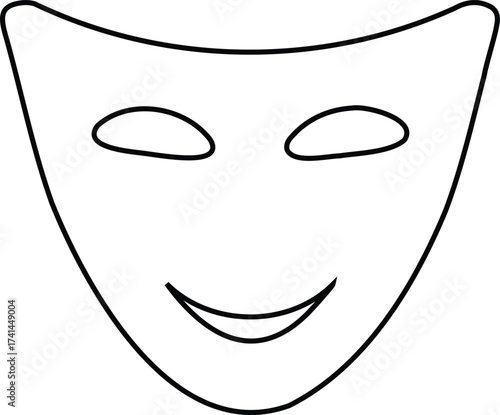 Simple outline of a smiling theater mask-Minimalist black and white illustration of a happy drama mask symbolizing comedy, joy, or performing arts with clean line design.

