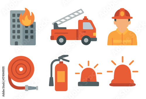 Firefighting equipment and firefighter icons with burning building illustration