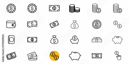 Captivating collection of financial icons representing currency, savings, and wealth for modern business and investment visuals