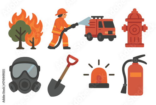 Firefighting icons design with firetruck, hydrant, and extinguisher illustrations