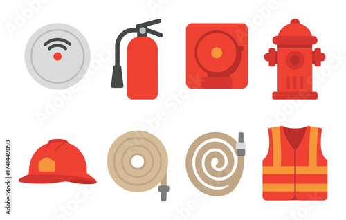 Essential fire safety equipment icons: extinguisher, alarm, hydrant, helmet, hose, vest