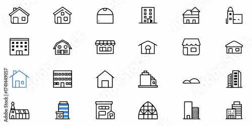 Diverse collection of modern residential and commercial building icons for architectural and design projects