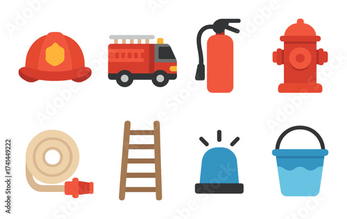 Firefighting equipment icons: helmet, truck, extinguisher, hydrant, hose, ladder, siren, bucket
