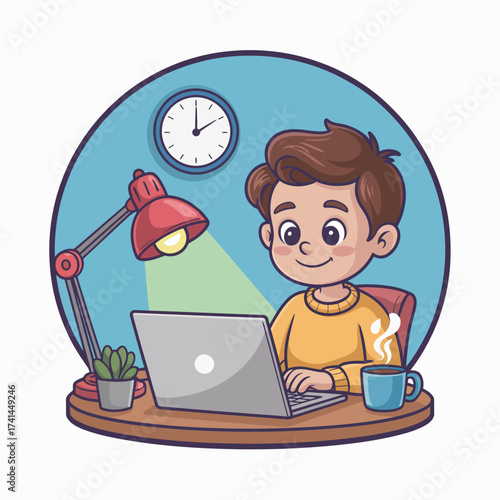 A young boy happily focused on his laptop at a desk, showcasing dedication, creativity, and the importance of education and technology in the modern learning environment.