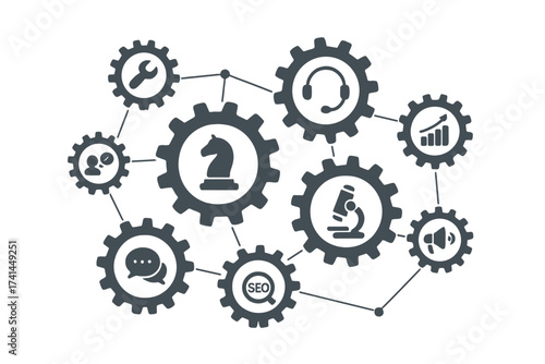 Business mechanism concept. Connected gears and icons for strategy, service, analytics, research, seo, digital marketing, communication. Workflow process management. Teamwork.