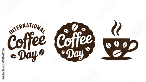 Three circular badges celebrating international coffee day with coffee beans and text