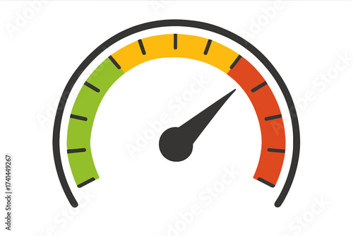 Speedometer icon. Performance measurement concept. Credit score indicator gauge. Risk meter with arrow. Power level progress. Dashboard element. High speed symbol vector.