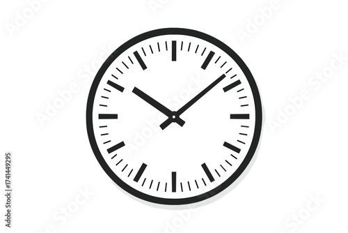 Simple clock face vector illustration. Minimalist black wall clock icon with shadow. Modern timer symbol for business deadline or schedule. Time management concept graphic design.