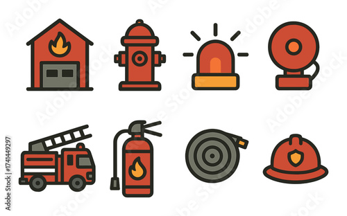Firefighting equipment icons: hydrant, alarm, truck, extinguisher, hose, helmet