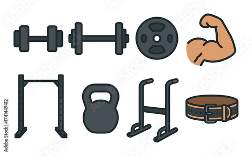 Gym equipment icons: dumbbells, barbell, kettlebell, muscle, weight plate, dip station