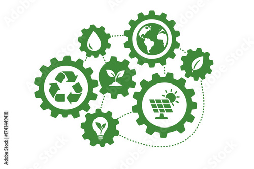 Ecology mechanism concept. Abstract background with connected gears and icons for eco friendly, energy, environment, green, recycle, bio and global concepts. Vector infographic.