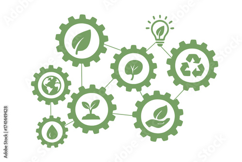 Ecology mechanism concept with gears and icons. Eco friendly, green energy, and environment ideas. Recycle, bio, and global sustainability vector infographic background.