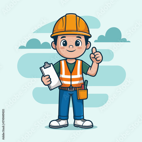 A friendly construction worker in reflective gear stands confidently with a clipboard, showcasing safety and diligence in the construction industry. Perfect for teamwork imagery.