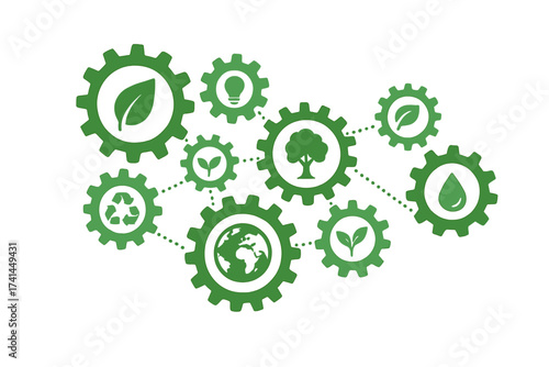 Ecology mechanism concept with gears and icons. Eco friendly, energy, environment, green, recycle, bio, global concept. Sustainable development and ecosystem network vector.