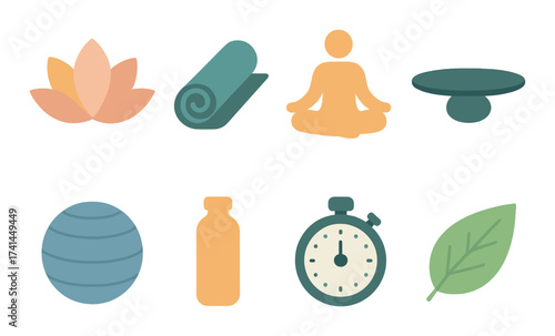 Glowing yoga icons - meditation, wellness, and fitness symbols featuring lotus and stopwatch