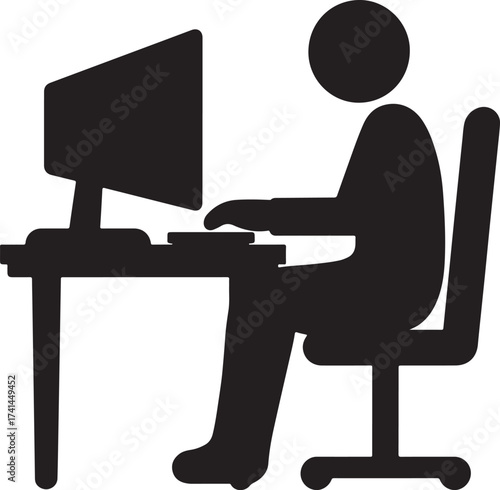 Black silhouette icon of a person sitting at a desk using a computer with a wheeled chair user
