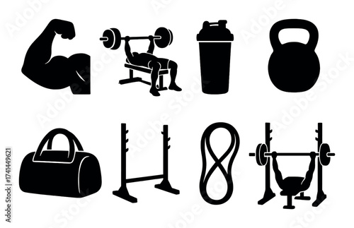 Silhouettes of gym equipment: weights, shaker, kettlebell, and more
