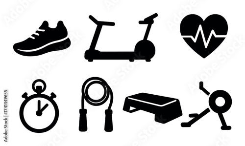 Silhouettes of fitness equipment icons: treadmill, heart, stopwatch, jump rope, stepper, exercise bike