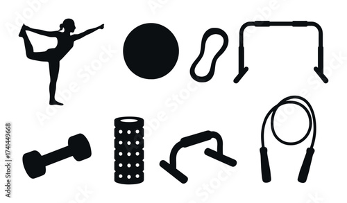 Fitness equipment silhouettes featuring female yoga pose and gym tools