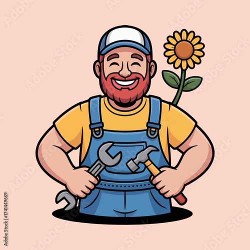 A joyful gardener wearing overalls smiles while holding gardening tools and a sunflower, representing the passion for gardening and nurturing nature.