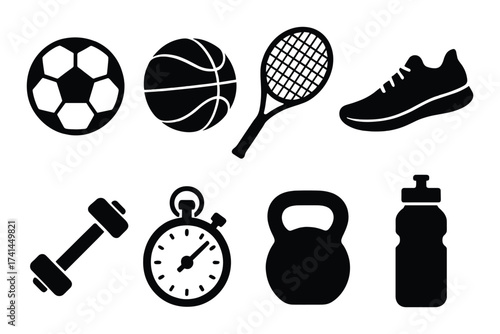 Silhouette icons of sports equipment: soccer, basketball, tennis, running, fitness gear