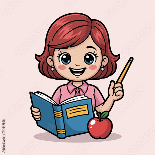 A joyful girl with red hair smiles as she reads a book while holding a pencil, embodying the spirit of learning, curiosity, and education in a cute, colorful illustration.