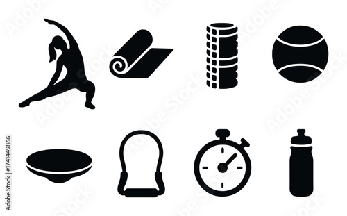 Silhouette icons of fitness and sports equipment on dark background
