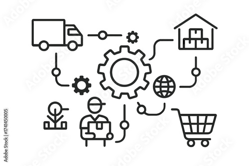 Logistic mechanism concept with connected line icons. Supply chain management infographic showing distribution, delivery, shipping, transport, and market system. Vector illustration.