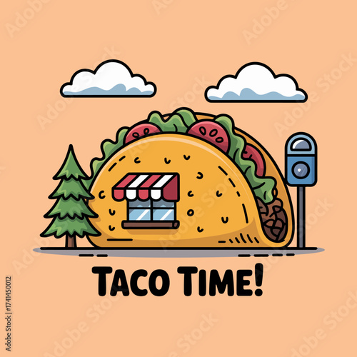 A whimsical taco house stands prominently, radiating joyful vibes that conjure up a happy atmosphere associated with delicious food and community gatherings.